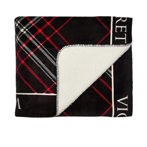 Victoria's Secret Cozy Plush Blanket black, red,white plaid pattern. - Picture 2 of 3